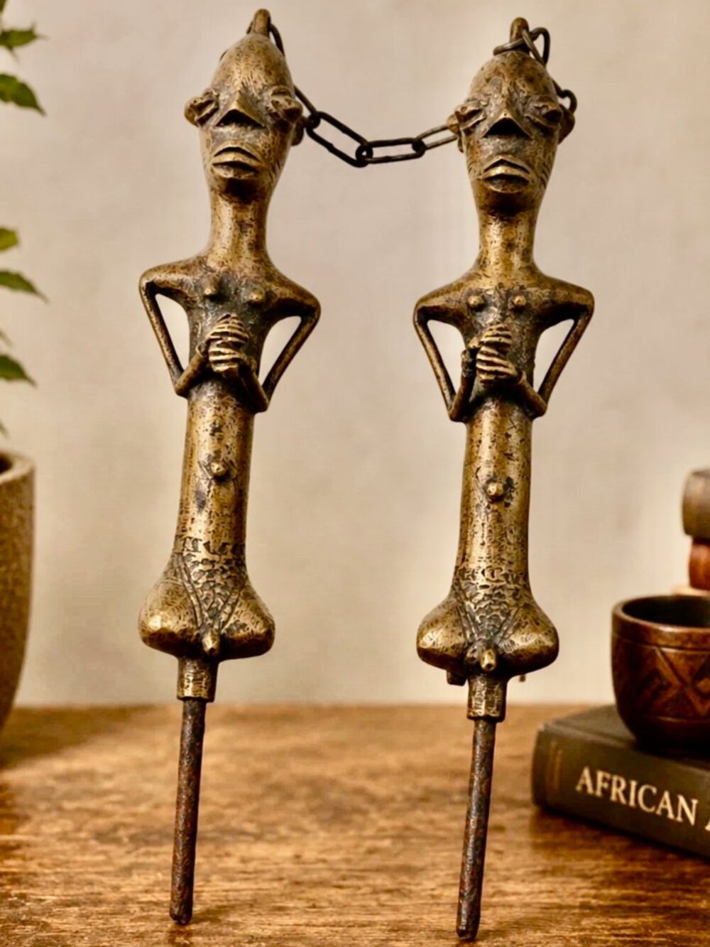 Vintage Yoruba Ogboni Edan Brass & Iron Rods Pair Nigeria Tribal African Art 10"